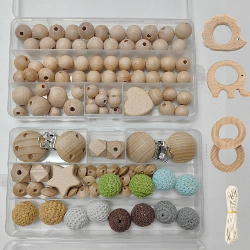 Artlatu 115 Stk Makramee Holzperlen Set,102stk Holzperlen,12stk 20mm Häkeln Holzperlen, 4stk holzclip,20m Bastelseilen, für DIY Schmuck Herstellung Heimwerker Handwerk Makramee