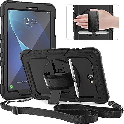 Timecity Hülle für Samsung Galaxy Tab A6 2016 10.1 Zoll SM-T580N/SM-T585N Stoßfeste Schutzhülle mit Displayschutz Handschlaufe Schultergurt 360°-Drehbarer-Ständer Stifthalter Outdoor - Schwarz
