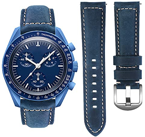 Stanchev Armband für Moonswatch Swatch,Leder Ersatzband Armband Verstellbares Weiches, Uhrenarmband Armbänder Wrist Band für Omega X Swatch Armband zubehör (Blau)