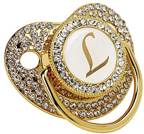 Baby Bling Schnuller, Personalisierter goldener Schnuller-Clip Letter Curved Schnuller mit Staubschutzhülle 26 Buchstaben Baby Schnuller Clip für 6 bis 18 Monate Baby (Buchstabe L)