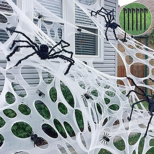 CESOF Giant Beef Netting Spider Web Halloween Decorations, Pre-Cut Spiderwebs Super Stretchy DIY Spider Webbing with Stakes, Gauze Cobwebs for Haunted House Yard Garden Party Outdoor Decor(1)