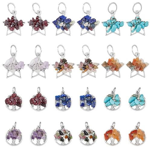 SUPERFINDINGS 48 pz 12 Stili Ciondolo Albero della Vita Chakra Pendenti in Cristallo di Quarzo Stella Rotonda e Piatta con Ciondolo A Forma di Albero per La Creazione di Gioielli, Foro: 5/7.5mm