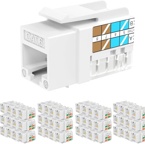Rapink RJ45 Keystone Jack Cat6 10G Support, Keystone Jacks UTP 50 Pack for Wall Plate and Patch Panel, Rj45 Keystone 90 Degree White Color for Cat6, Cat5e, Cat5 Cabling