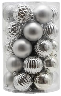 Kunststoff Weihnachtskugel Silber 1 Set - 34 Stück Ø 8cm Deko Kugel Christbaumschmuck Mix Glitzer Matt Gemustert Glänzend