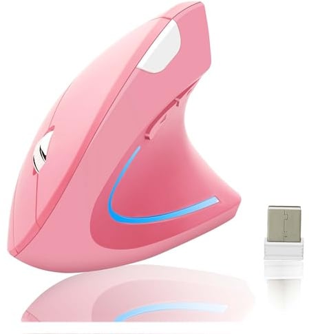 Wireless Mouse Pink Ergonomic Vertical Ergo Upright Silent High Presion Optical Right Hand Cordless Mice for PC/Laptop/Macbook,with USB Receiver,6 buttons, 800/1200/1600DPI,Reduce Hand and Wrist Pain