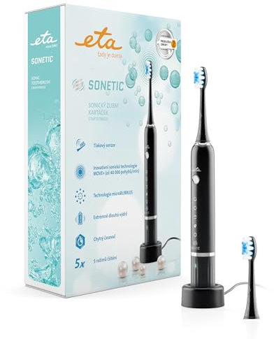 ETA elektrische Schallzahnbürste I Sonetic I 5 x Reinigungsmodi I bis zu 40000 Bürstenkopfbewegungen/Minute I Drucksensor I Timer I 3,7 V Li-Ion-Akku I IPX7 I 2 Ersatzköpfe I Schwarz