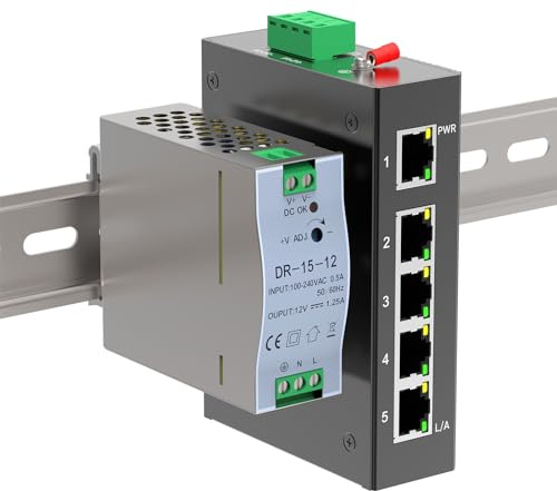 5 Port 100Mb Unmanaged Industrial Switch, with 15W Power Supply, DIN Rail