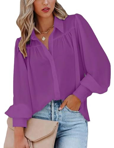 FXSMCXJ Camicia Donna Camicette Casual da Donna con Collare Camicie A Maniche Lunghe con Lanterna-Viola-XL