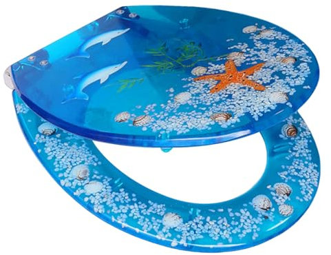 0XBIT Resin Toilettensitz Soft Close Quick Release Heavy Duty Toilettendeckel mit klaren Muscheln Füllung Abdeckung Acryl Sitze Ocean Series Badezimmer Remodel Toilettensitz Deckel