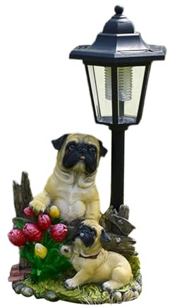 Gralara Statue de Chien Carlin de Jardin, Lampadaire Solaire, Décoration Extérieure Mignonne pour Balcon