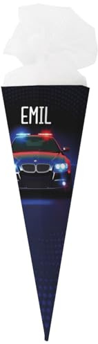 Striefchen® bedruckte Schultüte für Jungen mit verschiedenen Motiven zur Auswahl, 2 Größen, personalisiert mit Wunschname (Polizeiwagen 80 cm)
