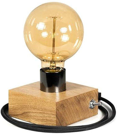 LED Wood Tischlampe Vintage Holz - Retro Nachttischlampe aus Eichenholz - Handgefertigte Tischleuchte Industrial mit E27 Edison-Glühbirne 40W - Steampunk Lampe für Schlafzimmer und Wohnzimmer