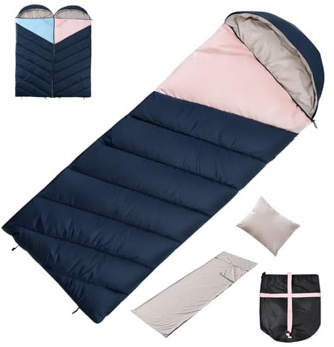 Schlafsack Outdoor, 220x80cm, Schlafsack Sommer Winter Wasserdicht mit Kissen und Liner, Schlafsäcke Erwachsene Kinder 3-4 Jahreszeiten, Deckenschlafsack Leicht Camping, mit Aufbewahrungssack (Rosa)