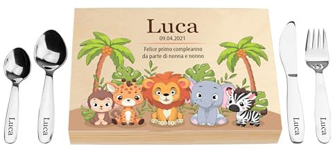 LAUBLUST Posate per bambini con stampa del nome e scatola regalo in legno personalizzata | 4 pezzi - Posate in acciaio inox | Regalo personalizzato per ragazzi e ragazze (Safari)