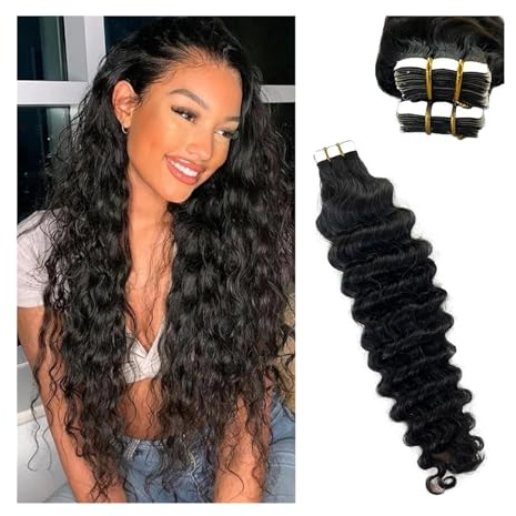 Tape Extension Echthaar #1B Weft Deep Wave Curly Tape in Extensions Echthaar Naturschwarz Unbehandelt Tape in Extensions Echthaar Remy Tape in Extensions(40 pcs-100g,26 inches)
