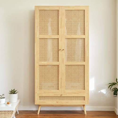 Moimhear Armario con barra, armario de 2 puertas, dormitorio, red de ratán, sala de estar, con tapa inferior abatible, tableros de partículas+ratán de polietileno, natural