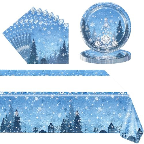POPOYU 37Pcs Frozen Party Tableware Set for 16 Guests,Snowflake Paper Plates,Napkins and Table Cloth,Frozen Party Decorations for Christmas Winter New Year Girls Birthday PartySupplies