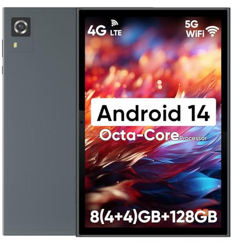 Tablet Android 14 da 10,1 pollici, tablet cellulare 4G, octa-core, 128GB di ROM+8 (4+4) GB di RAM / 1TB espandibile, WiFi 5G, batteria da 6000 mAh, Bluetooth 5.0, tablet 4G LTE, grigio