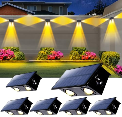 POLIGHTY Paquete de 6 luces solares de valla de 3 lados para exteriores, impermeables, con lente LED blanca cálida, para pared, cubierta, patio, riel, garaje, piscina, diseñadas para mayor seguridad,
