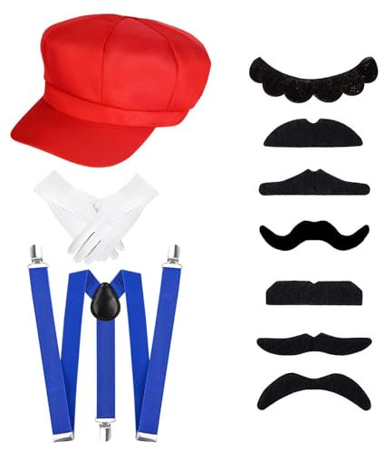 NebulaGlam Mario Luigi Kostüm Accessories, Luigi Bros Cosplay, Rot Hut Handschuhe Bart Hosenträger, Mario Kostüm Zubehör Karneval Mottoparty Halloween Cosplay für Kinder Damen Herren