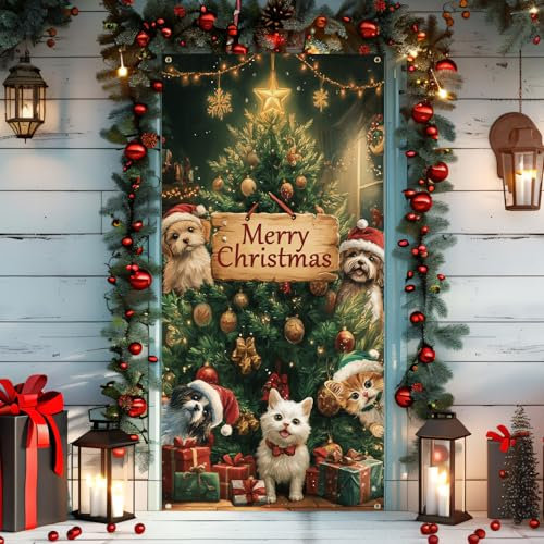 Cubierta Puerta Navidad, 185x90cm Decoración Puerta Navidad Adorno Puerta Entrada Casa Navidad para Decoración de Puerta(Estilo de Mirada Furtiva de Mascotas)