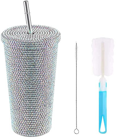 YUEKOPOU Diamant-Wasserflasche, Glitzer-Wasserflasche, Bling Rhinestone Water Bottle, Travel Cup with Lid And Straw, Stainless Steel Large Handmade Sparkly Tumbler