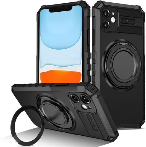 Kainevy for iPhone 11 Case with Metal Stand Ring for MagSafe Silicone&PC Shockproof Cover for Apple iPhone 11 Phone Case Heavy Duty Magnetic Military Grade Hard Rugged Case (Black)