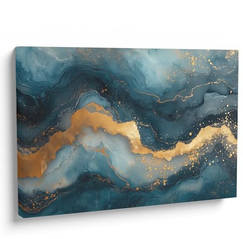 Generisch Abstrakte Bilder Leinwand 80x60 cm - Wandbilder Wohnzimmer Modern Ölgemälde auf Leinwand, Wanddeko Wohnzimmer Kunstdruck auf Leinwand - Golden Tide - Marineblau - Gold - Türkis