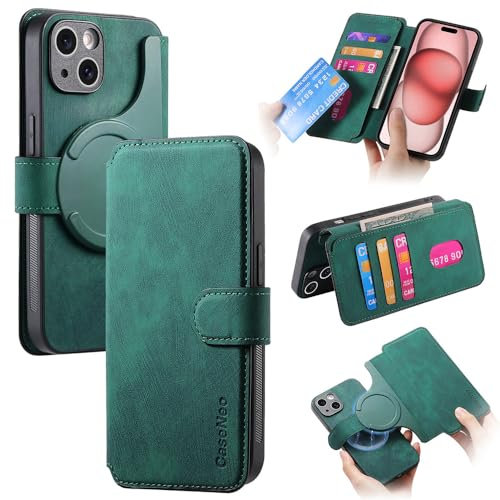 HYUKcase Wallet Case for iPhone 15 Plus,Luxury Leather Wallet,Detachable Magnetic Flip Folio Cover, Card Holder,Wallet Case,Magsafe Compatible, RFID Blocking for iPhone 15 Plus,Green