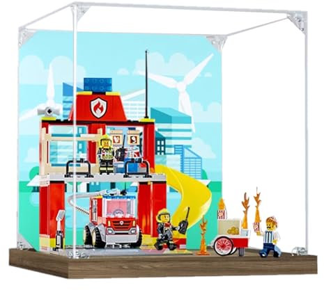 Acryl 3 mm Displaybox für Lego 60375 Feuerwehrstation mit Modell Feuerwehrauto, Transparente staubdichte Displaybox, Aufbewahrungsbox, kompatibel mit Lego 60375 Modell (Modell nicht im Lieferumfang