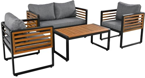 xixiworkshop Gartenlounge-Set, Gartenmöbel-Set mit verzinktem Eisenrahmen, (breites Set, 4-teiliges Esstisch-Set, 1x2-Sitzer-Sofa, 2X Einzelstühle, 1x Tisch), Graue, dekorative Armlehnen aus Holz