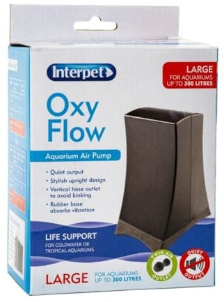 Interpet Oxy Flow Air Pump, for Aquarium Fish Tanks, Quiet Output, Compact Design, Anti-Vibration Rubber Base, Large, for Aquariums Up to 300 litres/ 66 gallons, Black