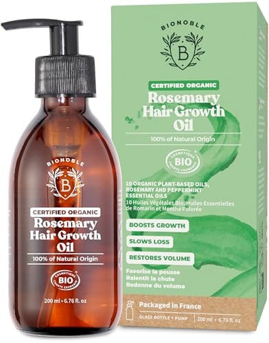 BIONOBLE Rosmarinöl Haare Bio - Fördert Haarwachstum & Verlangsamt Haarausfall - Mit Rosmarinöl & Rizinusöl - Haaröl Rosmarin - Rosemary Oil for Hair Growth - Glasflasche + Pumpe - 200 ml
