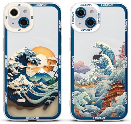 Stradvnaly 2 Stück Handyhülle für iPhone XR Hülle 6.1, Ästhetik Japanische Art Wellen Sonne Manga Muster Design mit TPU Weich Ultra Dünn Schutzhülle Stoßfest Silikon Case,Wellen