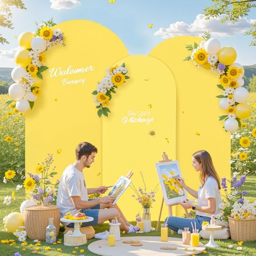 Lot de 3 housses de toile de fond en forme d'arche jaune de 2,2 m, 2 m, 1,8 m, extensibles pour fête de mariage, fête prénatale, anniversaire, photographie en élasthanne, rideaux décoratifs