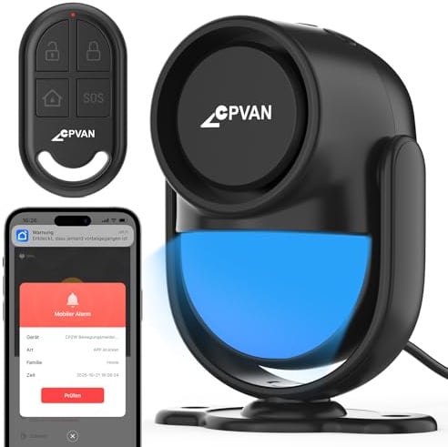 CPVAN WiFi Alarmanlage Haus mit PIR-Bewegungssensor – Drahtloses DIY-Smart-Alarmsystem Kompatibel mit Tür-/Fenstersensoren für Sicherheitszwecke – Lokaler Alarm & App-Benachrichtigung, Schwarz