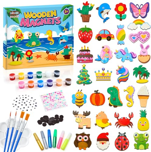Bridokit 30 Wooden Magnet Craft Kits for Kids, Arts and Crafts for Kids age 3+, Paint Your Own Gift for Boys Girls, Glow in the Dark Fridge Magnets for Birthday Parties, Family Crafts and Presents