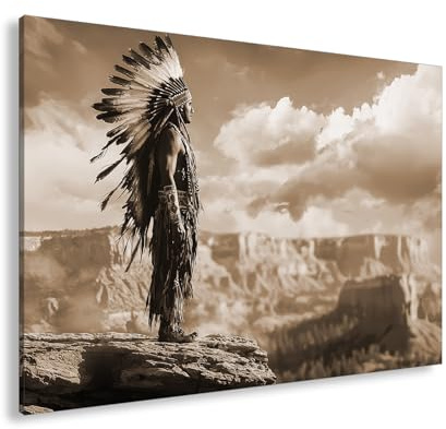 deyoli Leinwandbild Indianischer Krieger mit Federschmuck über Canyonlandschaft Format: 120x80cm Effekt: Sepia Kunstdruck Bild auf Keilrahmen/Wandbild/Wohnzimmer Dekoration