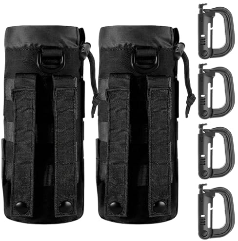2Pcs Water Bottle Holder, Water Bottle Pouch with Drawstring, Water Bottle Holder for Backpack, Portable Water Pouch with 4 Carabiners for Outdoor Camping Hiking Cycling