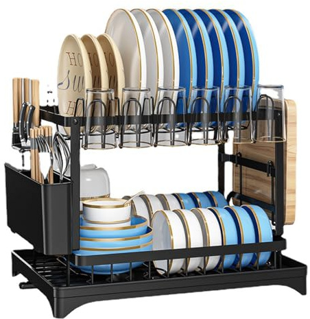 2 Tier Dish Drainer Rack for Kitchen with Drip Tray, Dish Drying Rack with Utensils Holder with 360° Rotating Drainage Spout, Cutlery Holder, Glass & Cutting Board Holder, Space Saving Dish Rack Black