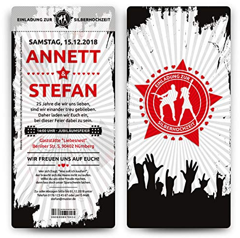 40 x Hochzeitseinladungen Silberhochzeit silberne Hochzeit Ticket Einladungen individuell - Rock and Roll
