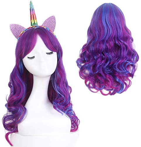 STfantasy Unicorno Parrucca Donna Lunghi ricci ombre blu viola due tonalità sintetici capelli Quotidiano Carnevale Halloween Anime Cosplay Party