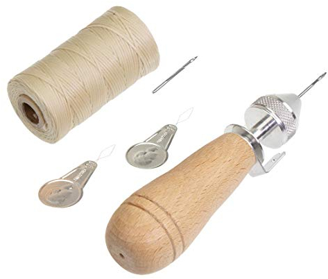 Langlauf Schuhbedarf Profi Ledernäh-Set mit Handnähapperat Nähahle Sattlerahle + gewachstem Garn + Einfädler +Ersatznadel - Handnähmaschine für dicke Stoffe - Sattlergarn - Ledergarn (beige)