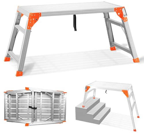 SHANTRA Verstellbare Arbeitsbühne mit 150 kg Belastbarkeit, Aluminium-Klappgerüst, robuste, tragbare Sitzbank, Leiter-Hocker mit rutschfesten Füßen, ideal zum Autowaschen, Reparieren, Lackieren
