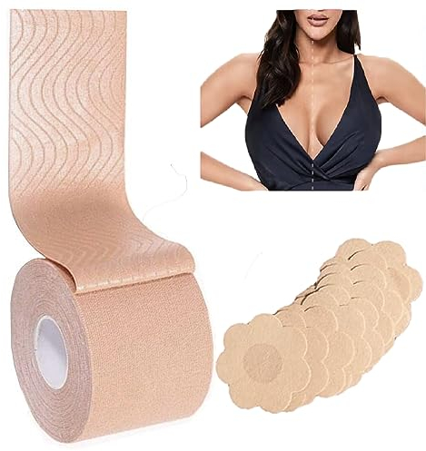 Wieysdoo Breast Boob Tape Bra Lift Up Invisible Self Adhesive Push-up Tape Backless Strapless Breast Pasties Beige with Set of 5 Pairs Nipple Cover