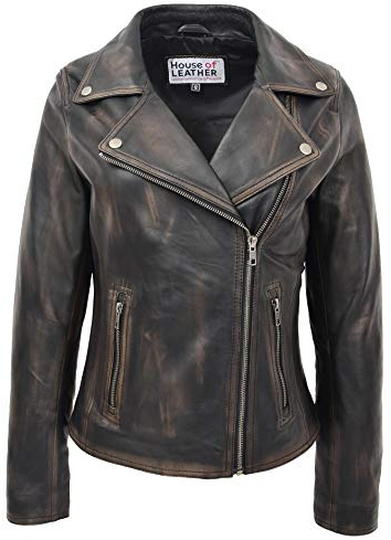 Womens Real Leather Biker Jacket Cross Zip Style Lola (16, Rub Off)