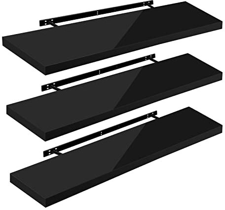 WOLTU Wandregal Hochglanz Schwarz 4er Set Schweberegal,120x22.9x3.8 cm, Regal freischwebend, Galeriedisplay, Wanddeko für Wohnzimmer Schlafzimmer Küche, MDF, verdeckte Aufhängung