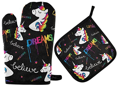 Ofenhandschuhe und Topflappen-Set, Einhorn-Traum Magie, Regenbogen-Ofenhandschuhe, hitzebeständig, Küchenthekenfest, Ofenhandschuhe, rutschfester Griff für Mikrowelle, Grillen, Kochen, Backen, Grillen