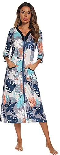 Verve Jelly Women's 3/4 Sleeve Robes Zip Front Nightgowns Loose Housecoat Floral Print Loungewear Dress Duster with Pockets Grey L