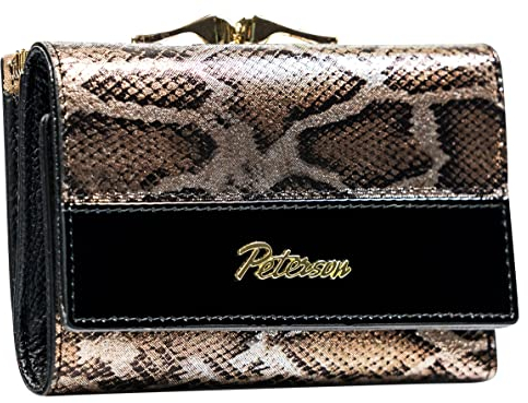 PETERSON | Damenbrieftasche | Kompakt | Geräumig | 5 Kartenfächer | Geldscheinfach | Münzfach | Naturleder | Elegant | RFID-System (SCHWARZ Schlangenhaut)